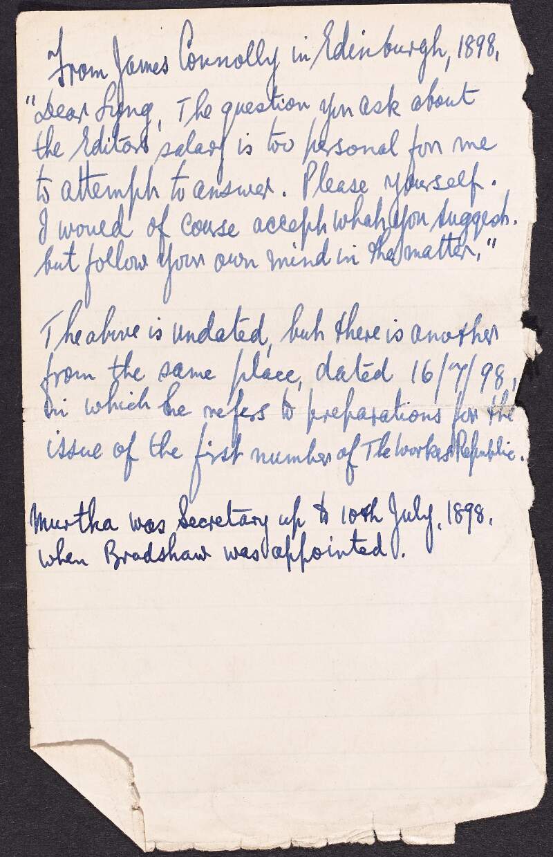 Note by William O'Brien from James Connolly in Edinburgh, 1898,