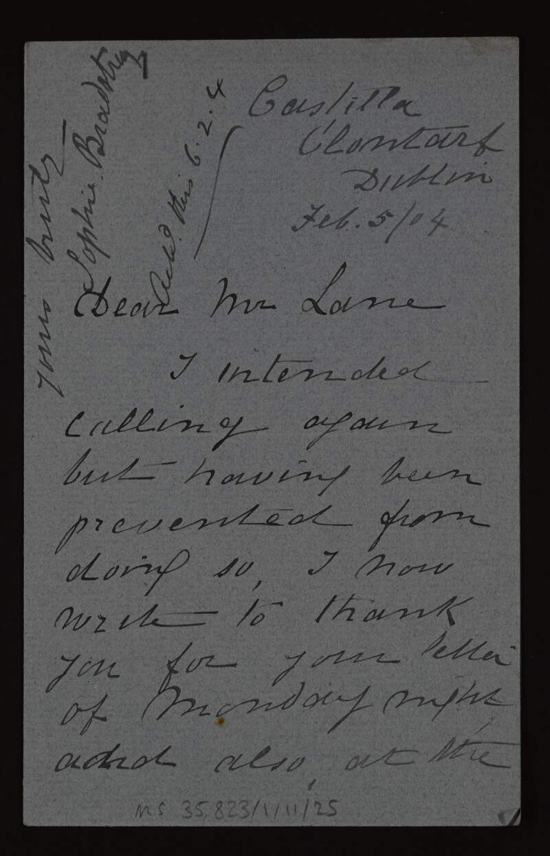 Letter from Sophie Bradstreet to Hugh Lane giving him some recommendations about the handling and labelling of her miniature portraits, and mentioning the cost of insurance,