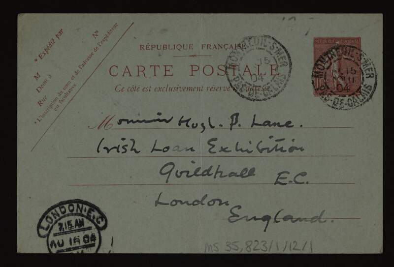 Postcard from Frank Brangwyn to Hugh Lane agreeing to loan him a sketch for the purpose Lane mentioned in his letter of 4 August when he goes back to London,