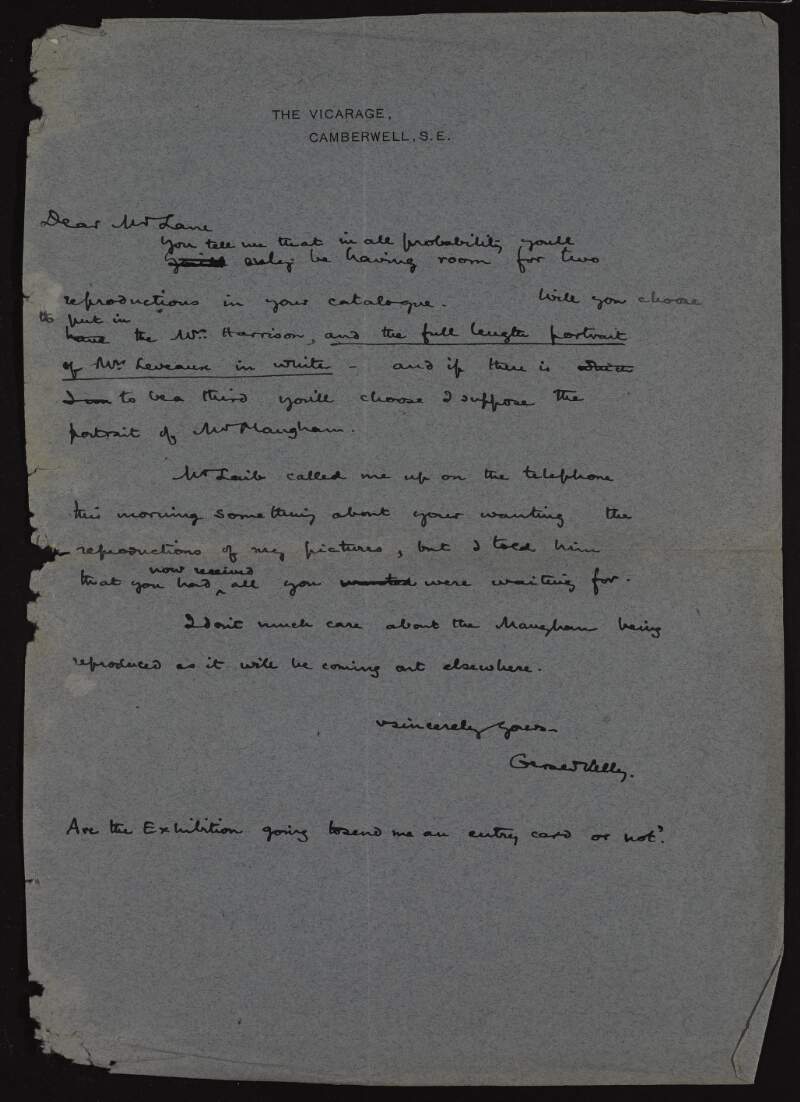 Letter from Gerald Festus Kelly to Hugh Lane regarding reproductions of his work for an exhibition catalogue,