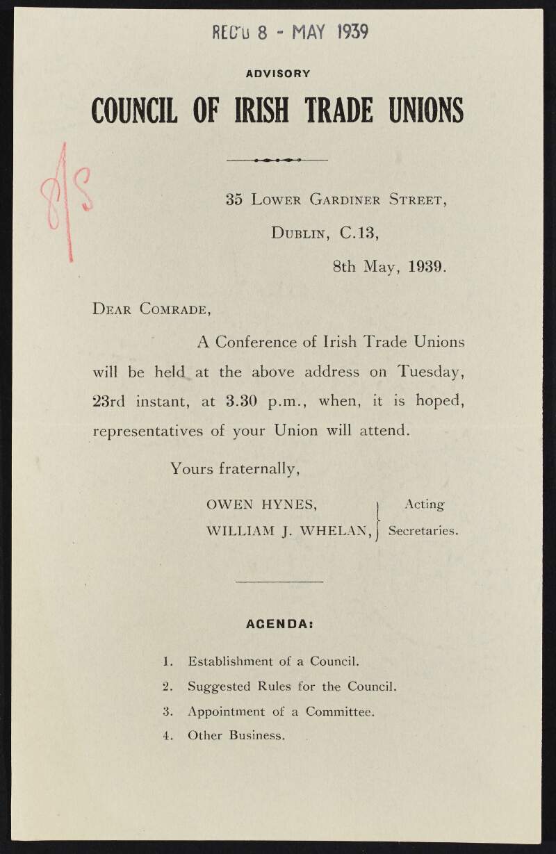 Circular from the Council of Irish Trade Unions informing the recipients of the arrangements for a conference,