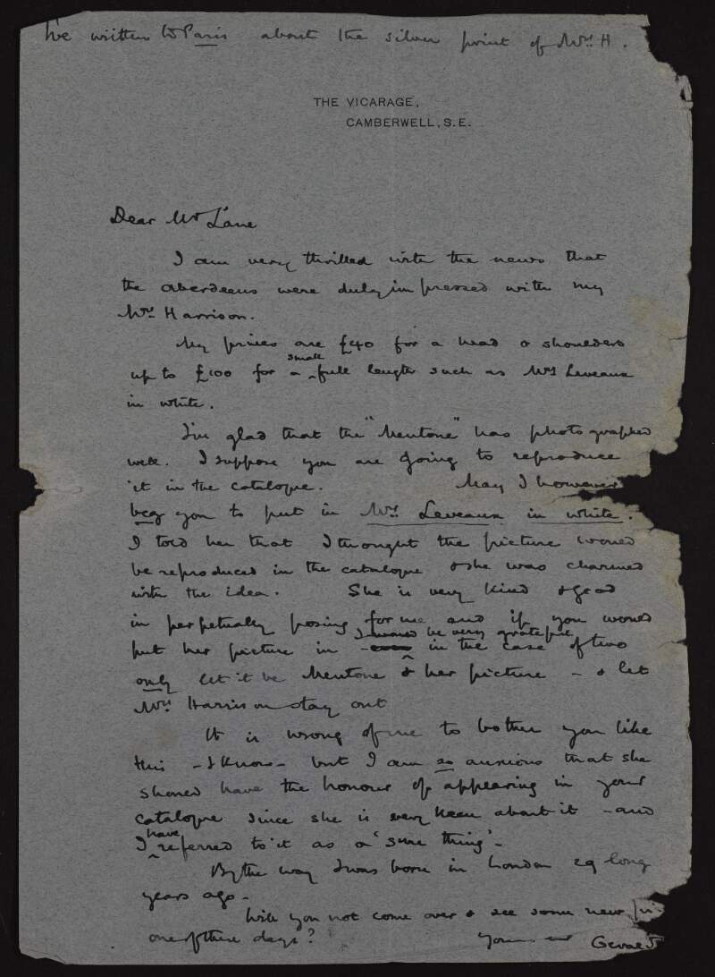 Letter from Gerald Festus Kelly to Hugh Lane regarding the choice of his paintings to be reproduced in Lane's catalogue,