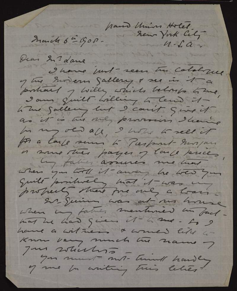 Letter from Lily Yeats to Hugh Lane regarding her claim of ownership of a paintng of her brother, W.B. Yeats, that has appeared in the catalogue of Lane's new modern art gallery,