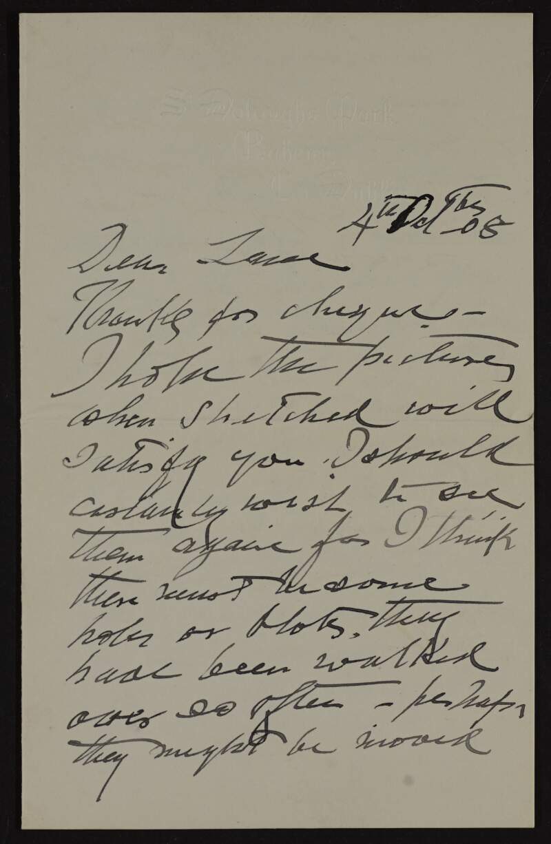 Letter from Nathaniel Hone to Hugh Lane regarding two pictures that he is providing for Lane's new modern art gallery and informing Lane that his umbrella was found in the drawing room,