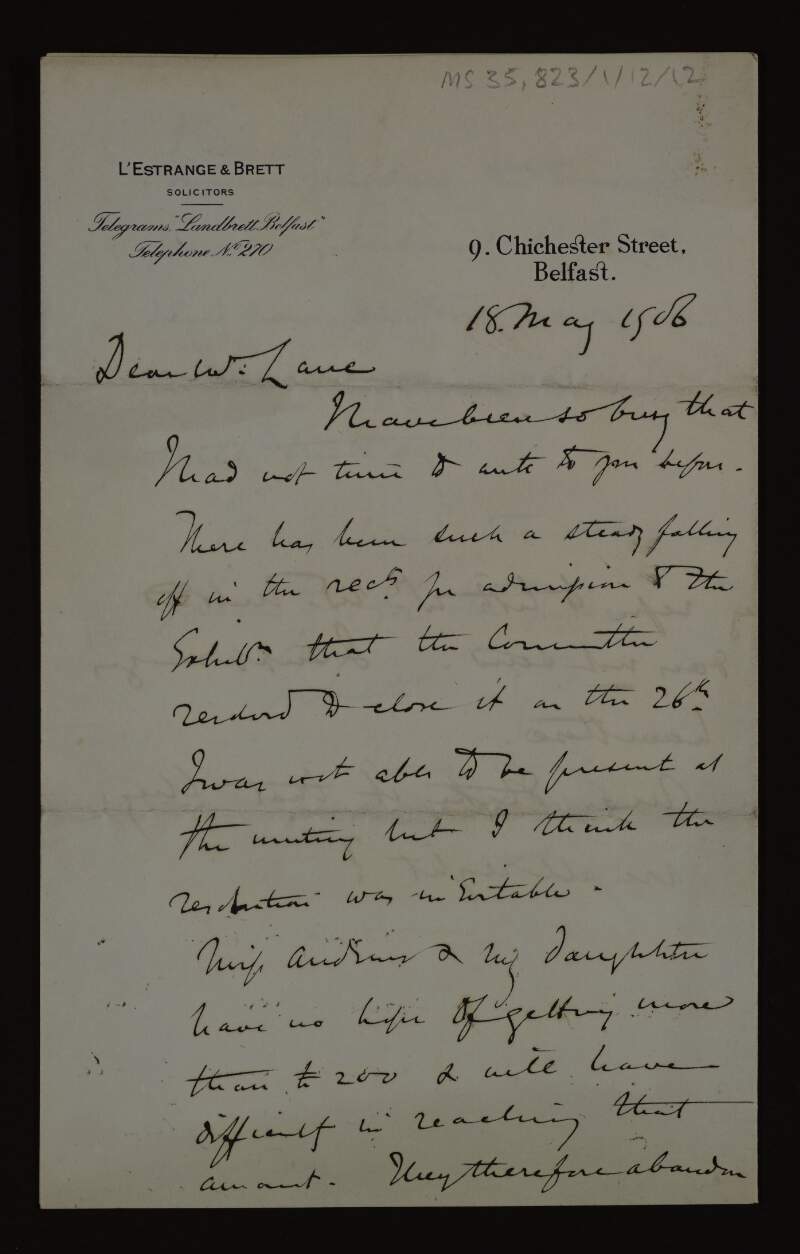 Letter from Charles H. Brett to Hugh Lane informing him that not enough money can be raised to buy a painting by Corot, but that the subscribers would probably approve of a Clausen,