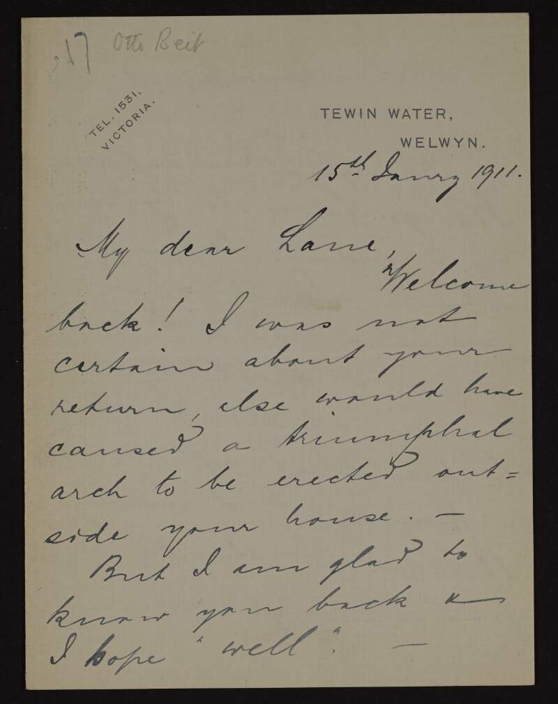 Letter from Sir Otto Beit to Hugh Lane welcoming him back to London and making arrangements for a meeting,