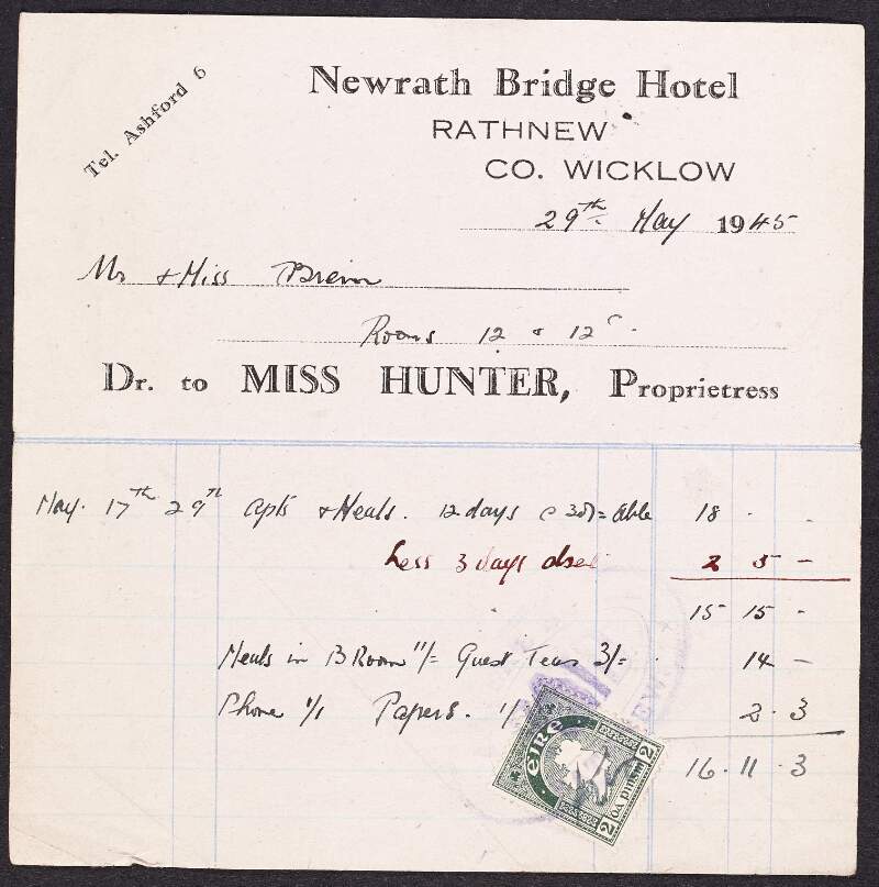 Receipt from Newrath Bridge Hotel, Rathnew, Co. Wicklow, to Mr. [William?] and Mrs.O'Brien for board and meals,