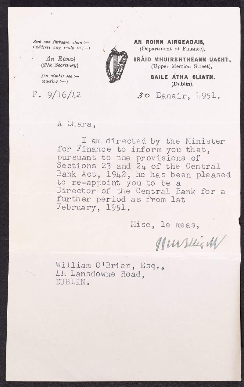 Letter from the Department of Finance to William O'Brien informing him that he has been reappointed as director of the Central Bank for the year 1951,