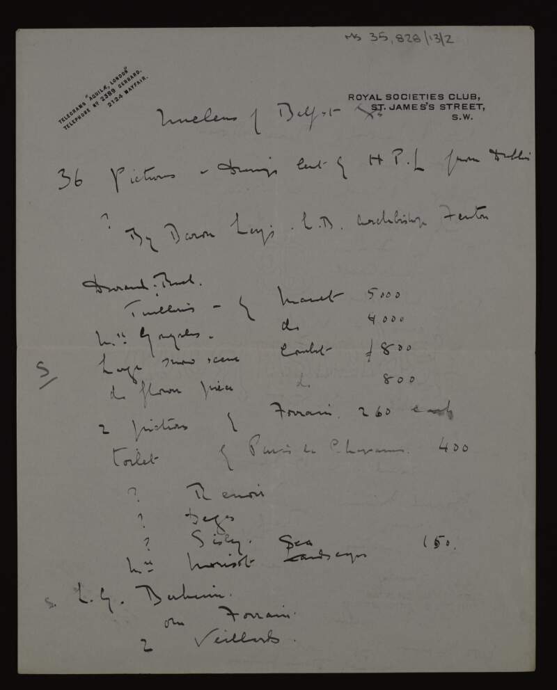 List by Hugh Lane titled 'Nucleus of Belfast',