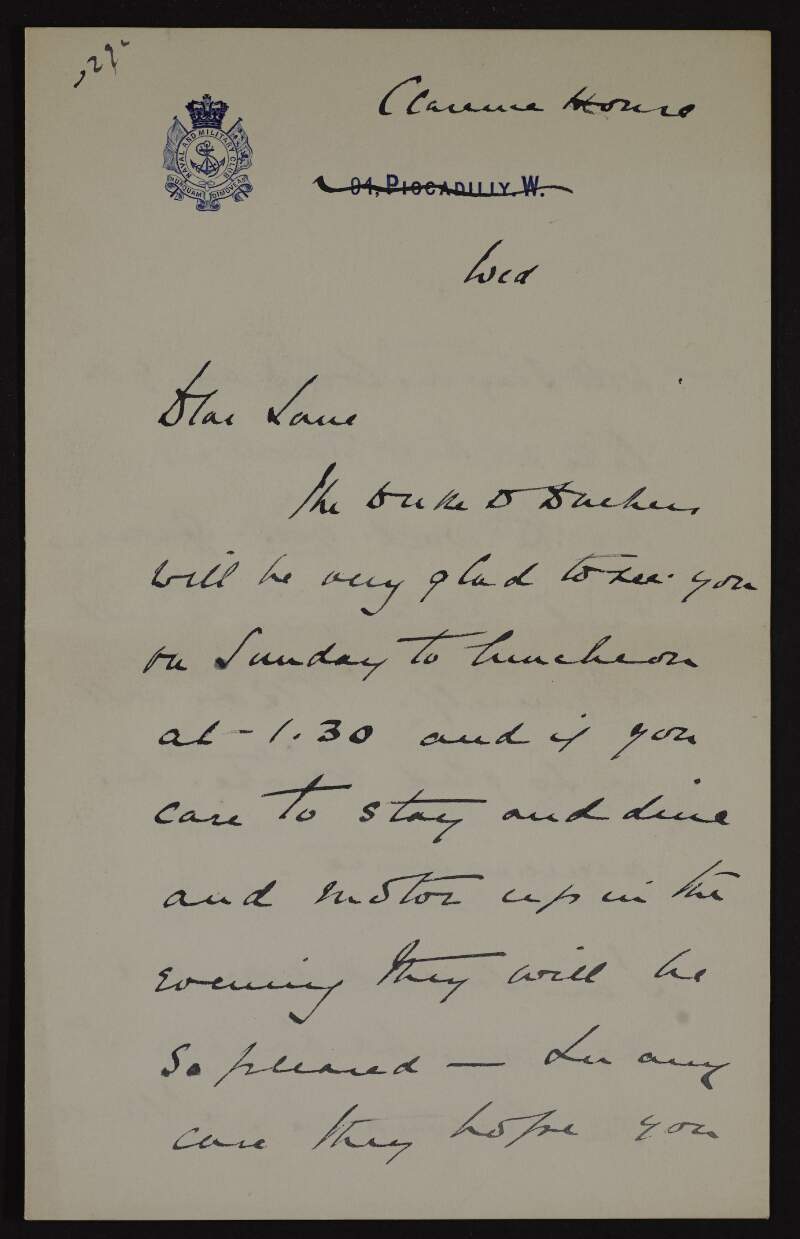 Letter from Malcolm Murray, on behalf of the Duke and Duchess of Connaught, to Hugh Lane inviting him and Edwin Lutyens to lunch and giving directions to Belvedere,