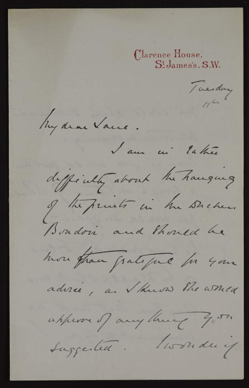 Letter from Malcolm Murray to Hugh Lane asking for his advice on how to hang prints in the boudoir of the Duchess of Connaught,