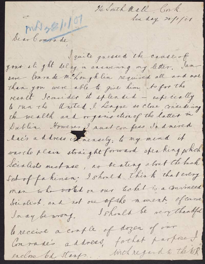 Letter from William J. Gallagher, Cork, to James Connolly regarding William McLoughlin's loss in the Dublin Municipal elections; subscription to the 'Workers' Republic'; and the progress of the socialist movement in Cork,