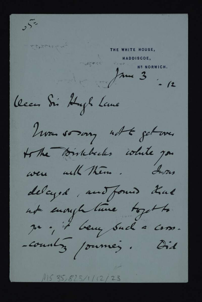 Letter from John Arnesby Brown to Hugh Lane regretting he did not visit the Birkbecks with him,