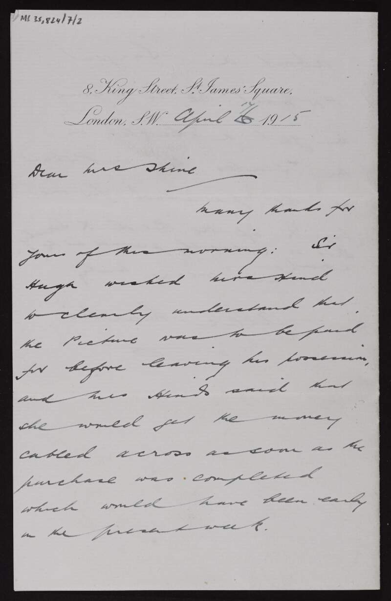 Letter from Alec Martin to Ruth Shine, discussing a picture that Hugh Lane intended to have paid for before it left his possession,
