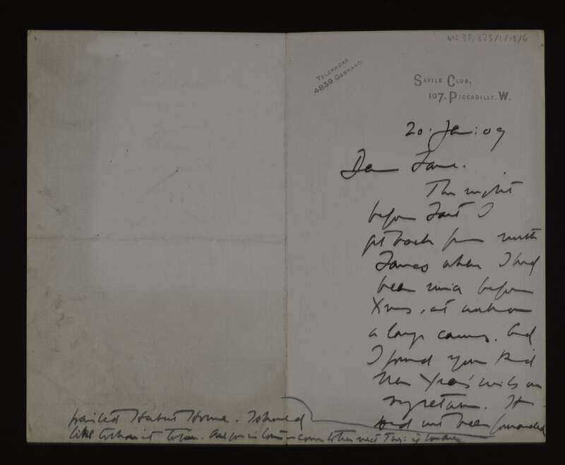 Letter from H. Harris Brown to Hugh Lane returning his good wishes for the new year and informing him that he had a fine studio and a splendid sitter in Florence,