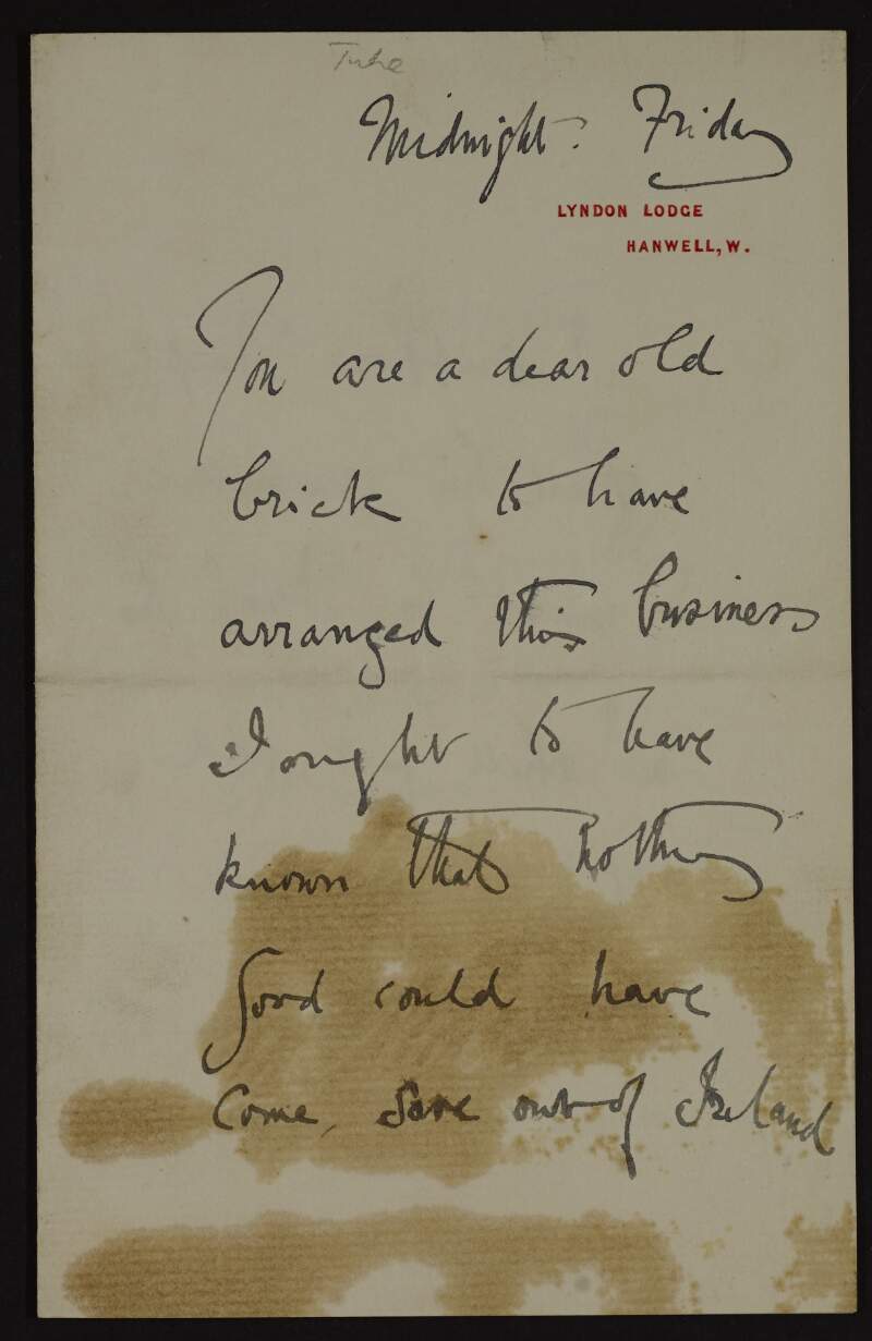 Letter from Henry Scott Tuke to Hugh Lane thanking him for arranging some business, confirming that Lane's painting are genuine and saying that he won't stay to tea as he has "a holy fear of Duchesses",