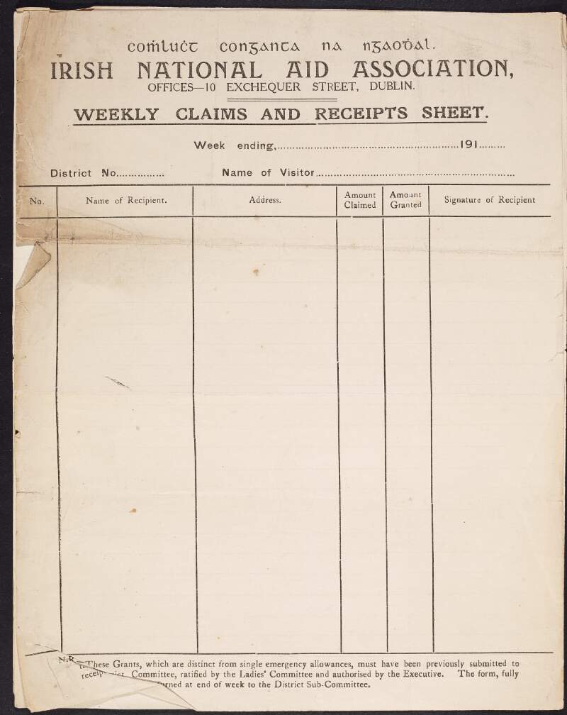 Blank copies of 'Weekly Claims and Receipts Sheet' for the administration of relief from the Irish National Aid Association,