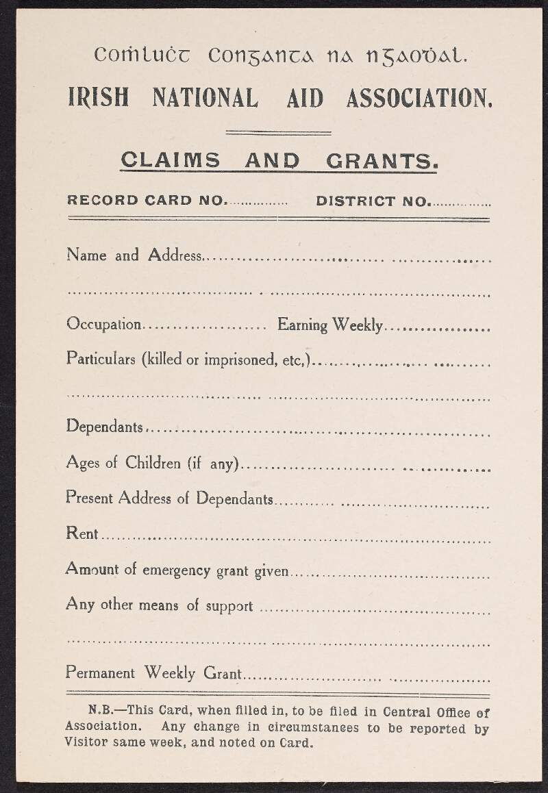 Blank copies of 'Claims and Grants' cards to record the details of the recipients of financial relief from the Irish National Aid Association,