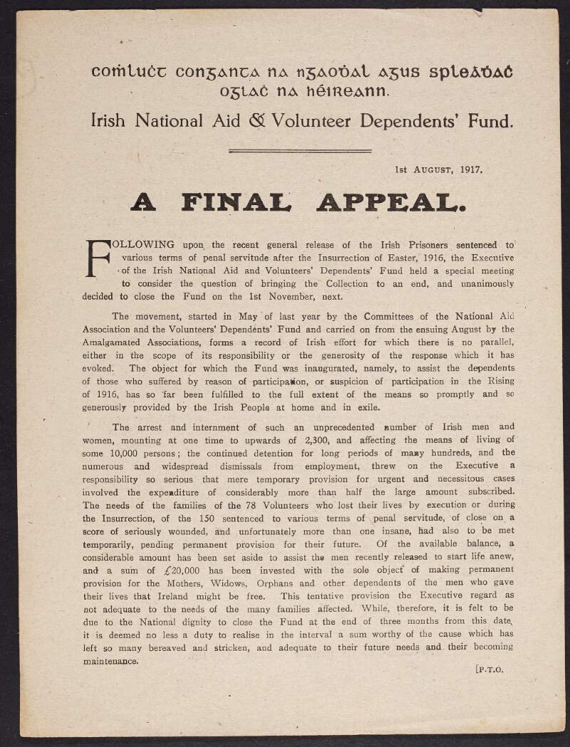 Leaflet with an appeal from the Irish National Aid and Volunteer Dependants' Fund following the release of the Easter Rising prisoners, calling for funds before the intended closing of the fund on 1st November,