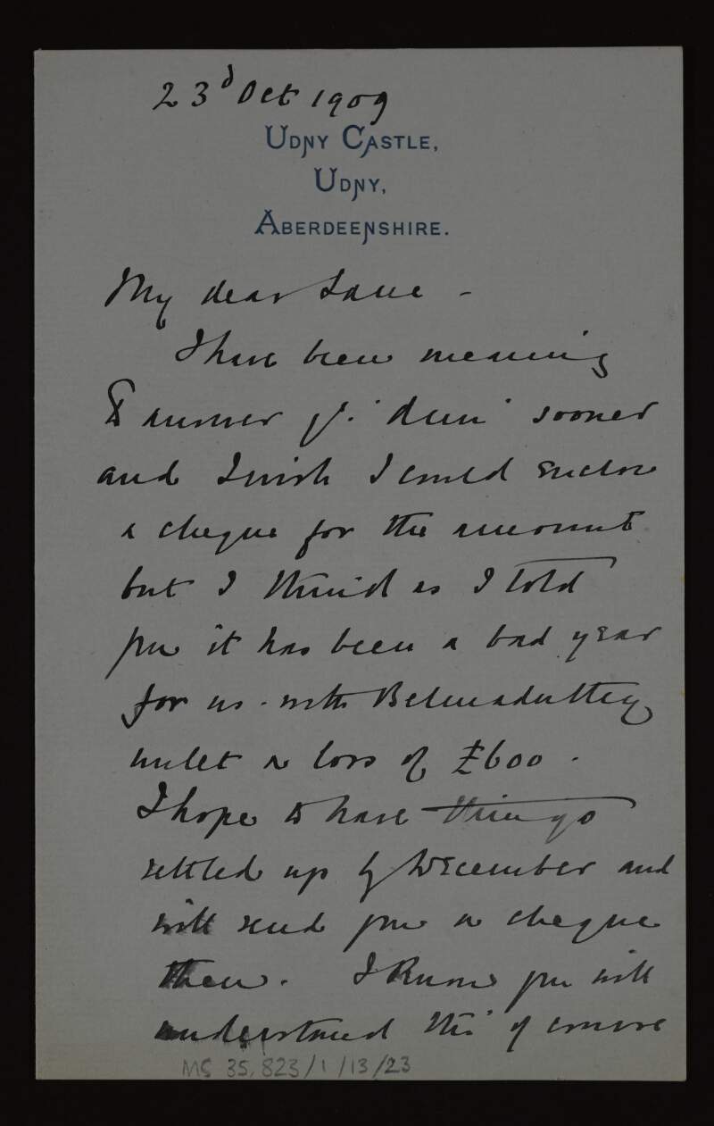 Letter from Evan N. Burton-MacKenzie to Hugh Lane hoping to be able to send him a cheque by December,