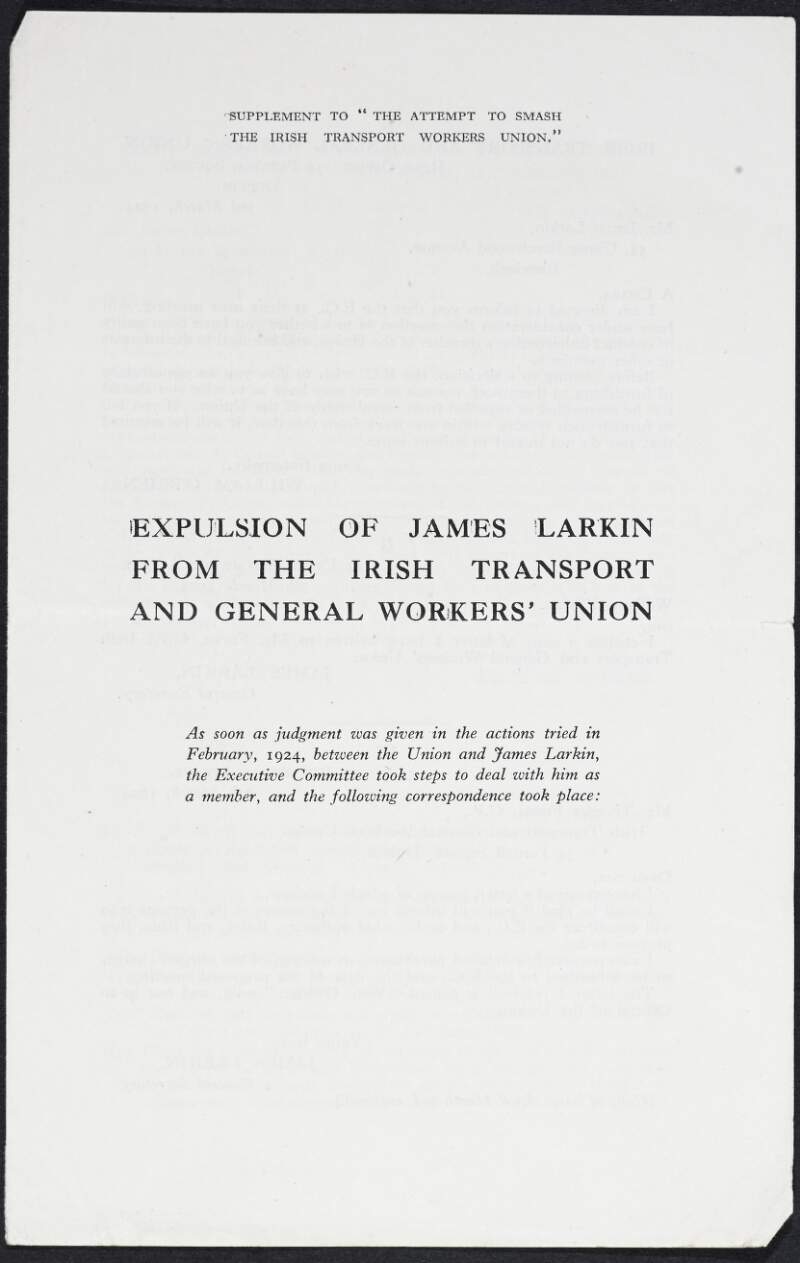 Expulsion of James Larkin from the Irish Transport and General Workers' Union /