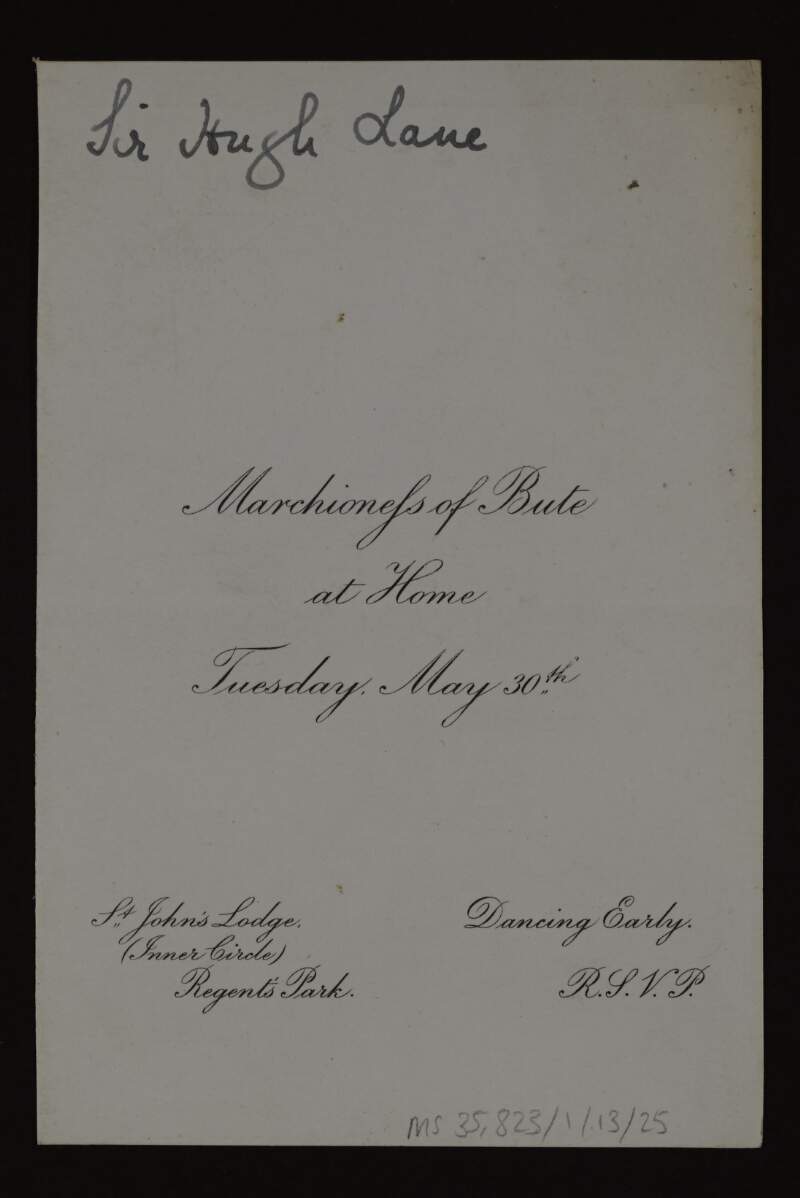 Invitation card from Augusta Crichton-Stuart, Marchioness of Bute, to Hugh Lane for Tuesday 30 May,