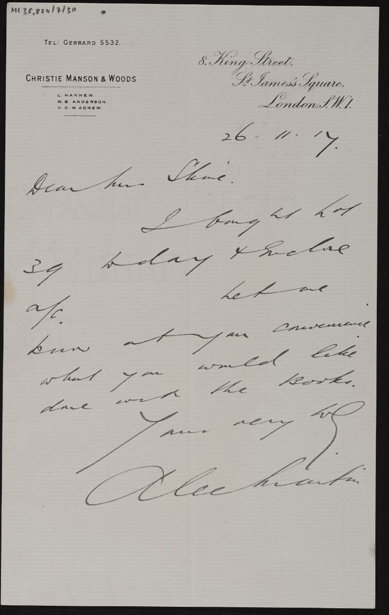 Letter from Alec Martin to Ruth Shine, asking her what she would like done with the books,