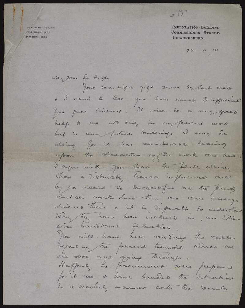 Letter from J.M. Solomon to Hugh Lane describing renovations to the Old Town House, the appointment of a curator and issues involving Lady Florence Phillips,