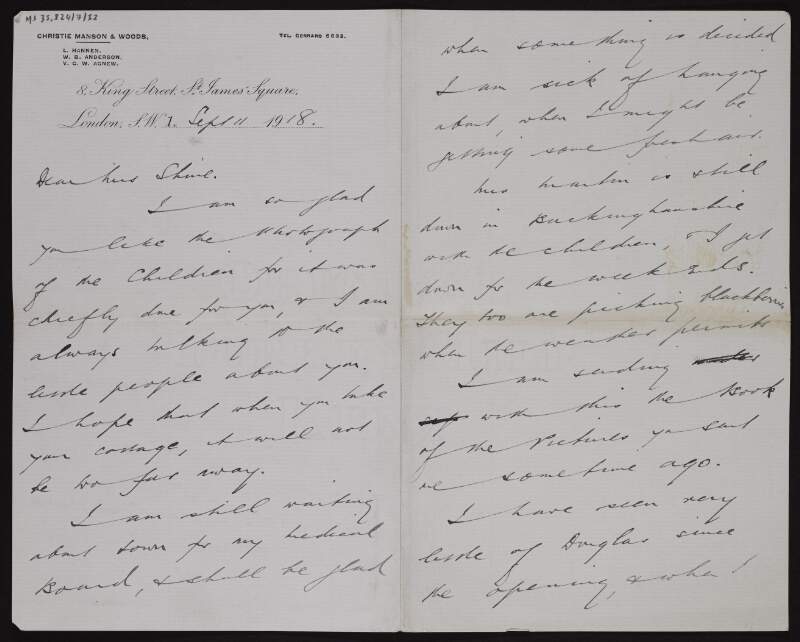 Letter from Alec Martin to Ruth Shine about how glad he is that she likes the photographs of the children, a book of pictures she sent him and how he sees little of [R. Langton] Douglas,