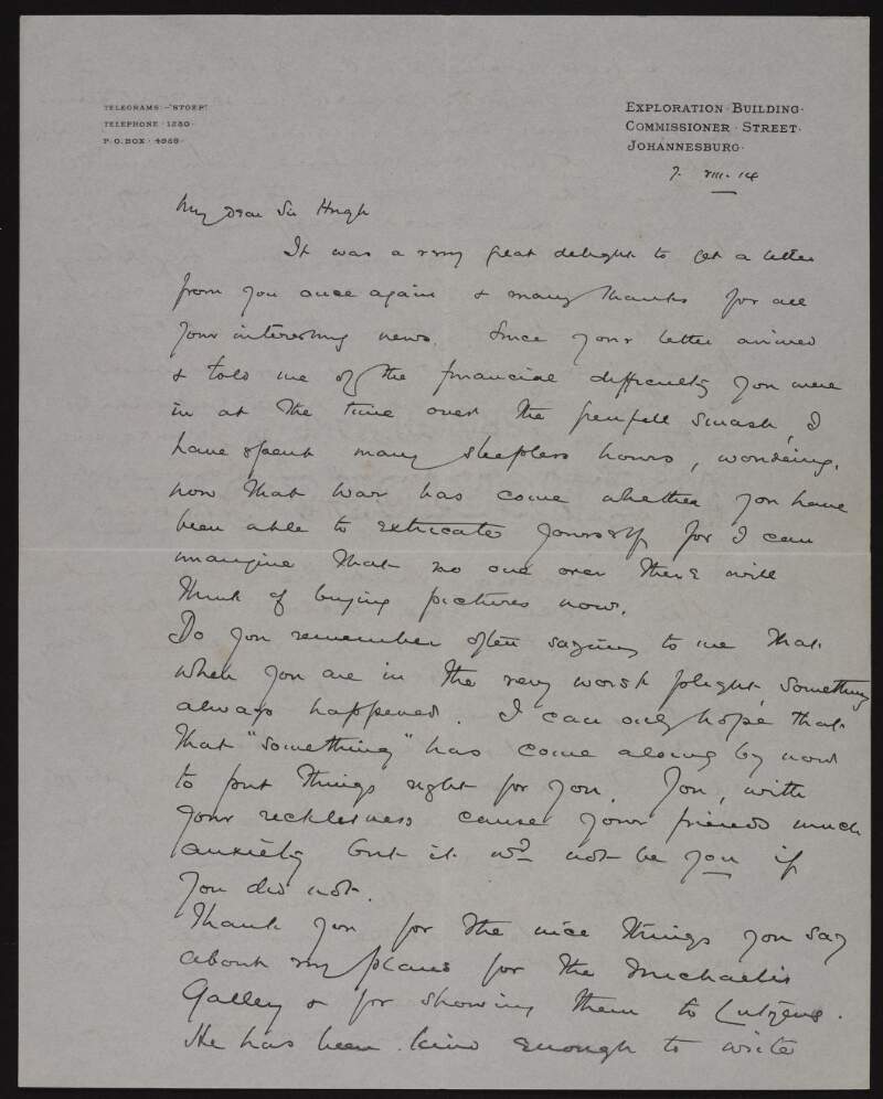 Letter from J.M. Solomon to Hugh Lane thanking him for his advice and that of Edwin Lutyens on the renovation of the Old Town House in Cape Town to house the Michaelis Collection and informing him of his marriage,