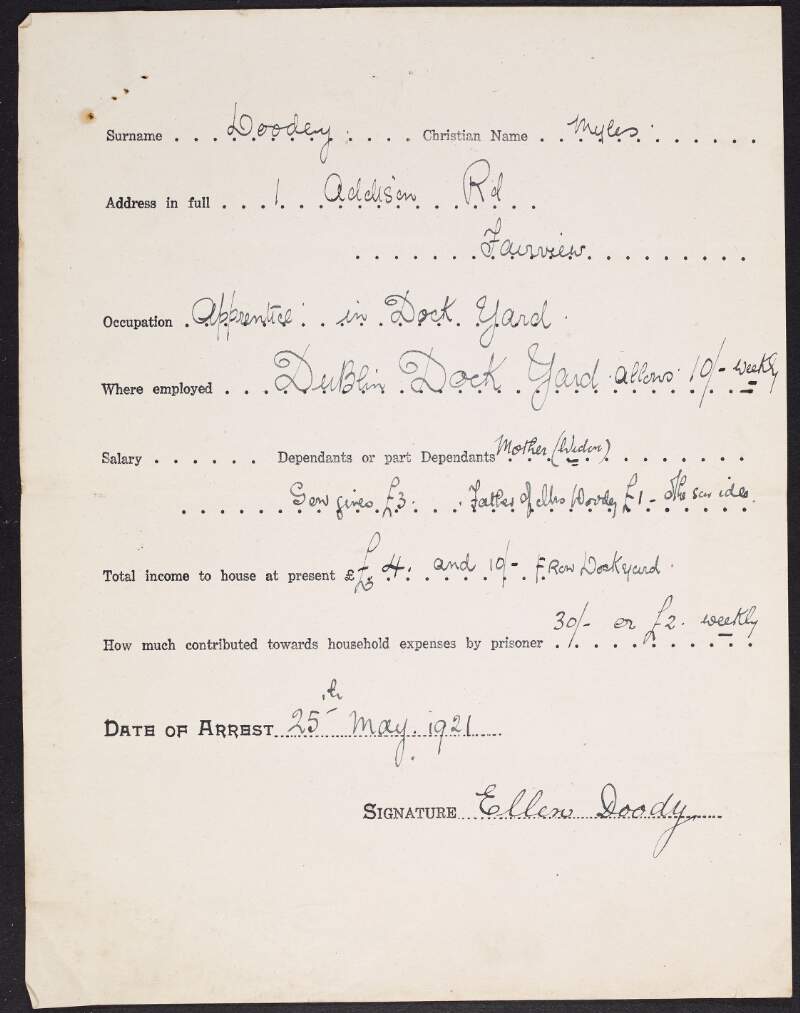 Claim form for the Irish Republican Prisoners' Dependents' Fund, for Ellen Doody, the mother of Myles Doody, arrested on 25th May 1921 in relation to the burning of the Custom House, Dublin,