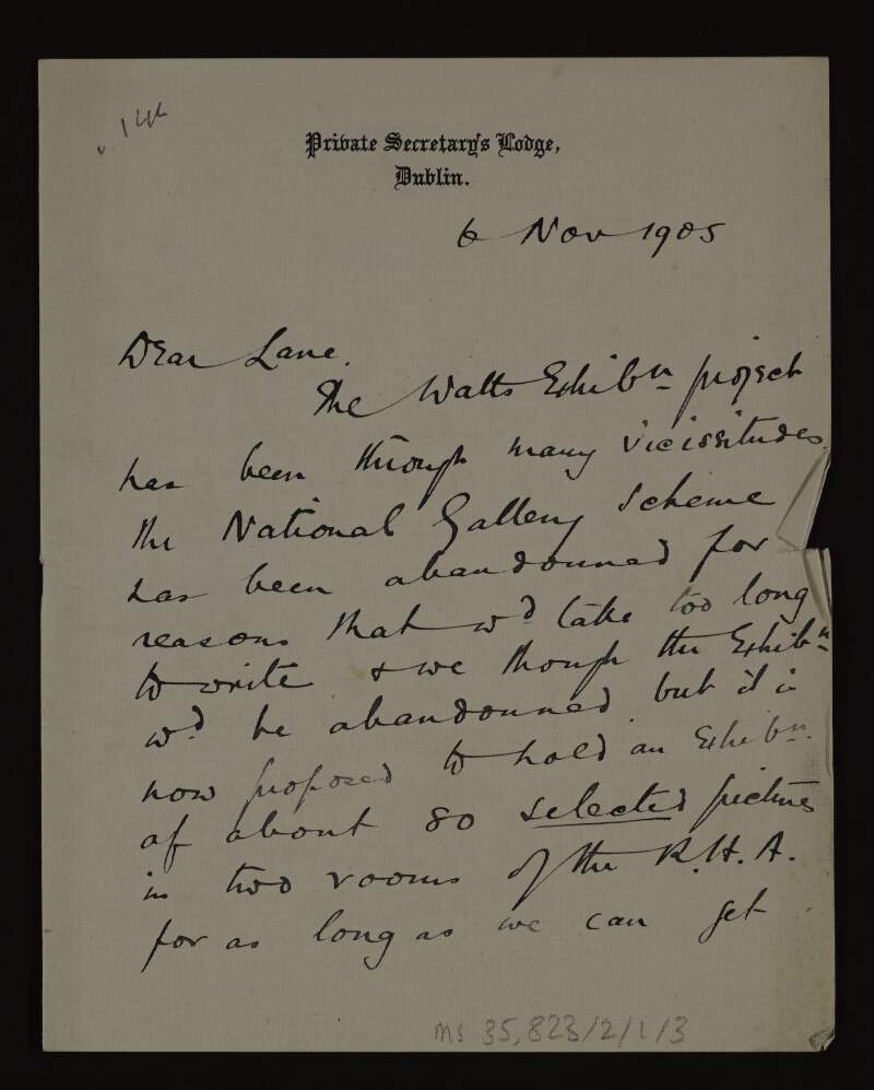 Letter from Walter Callan to Hugh Lane requesting his presence at a committee meeting about an exhibition and listing the agenda,