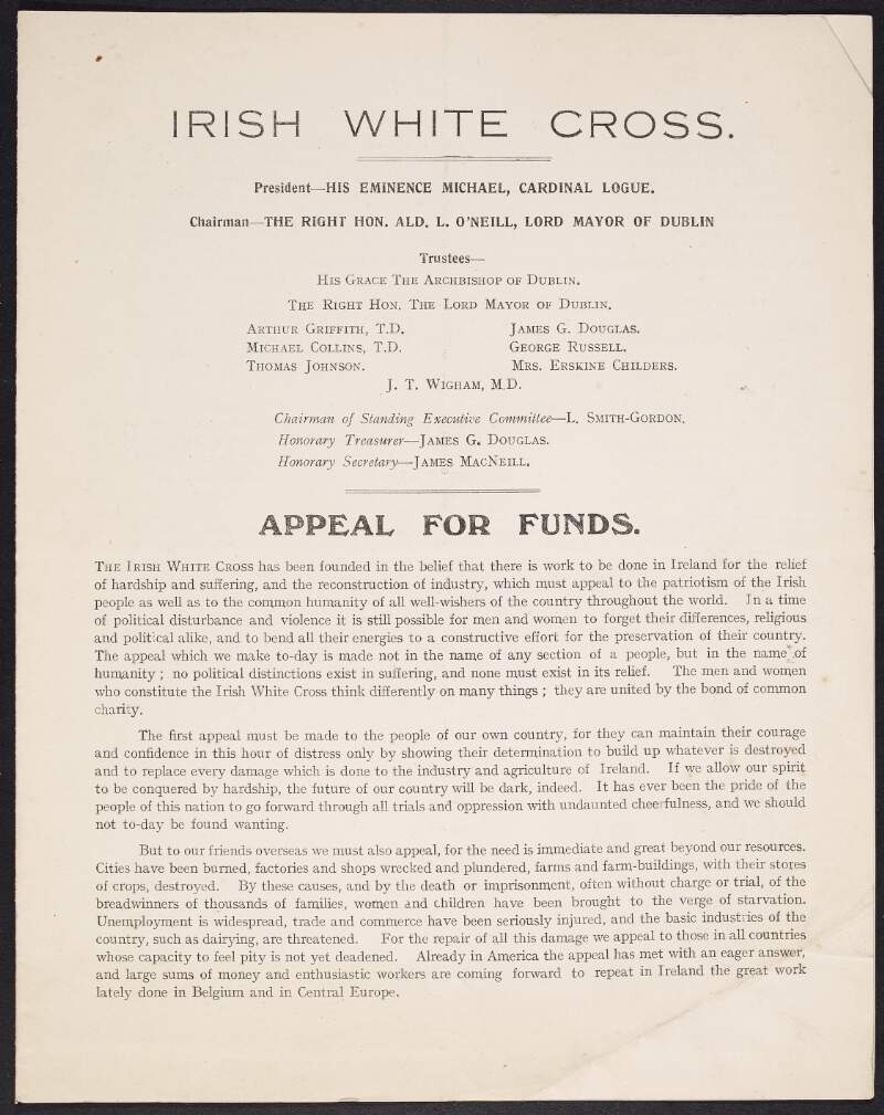 Leaflet from the Irish White Cross, appealing for funds from Ireland and overseas,