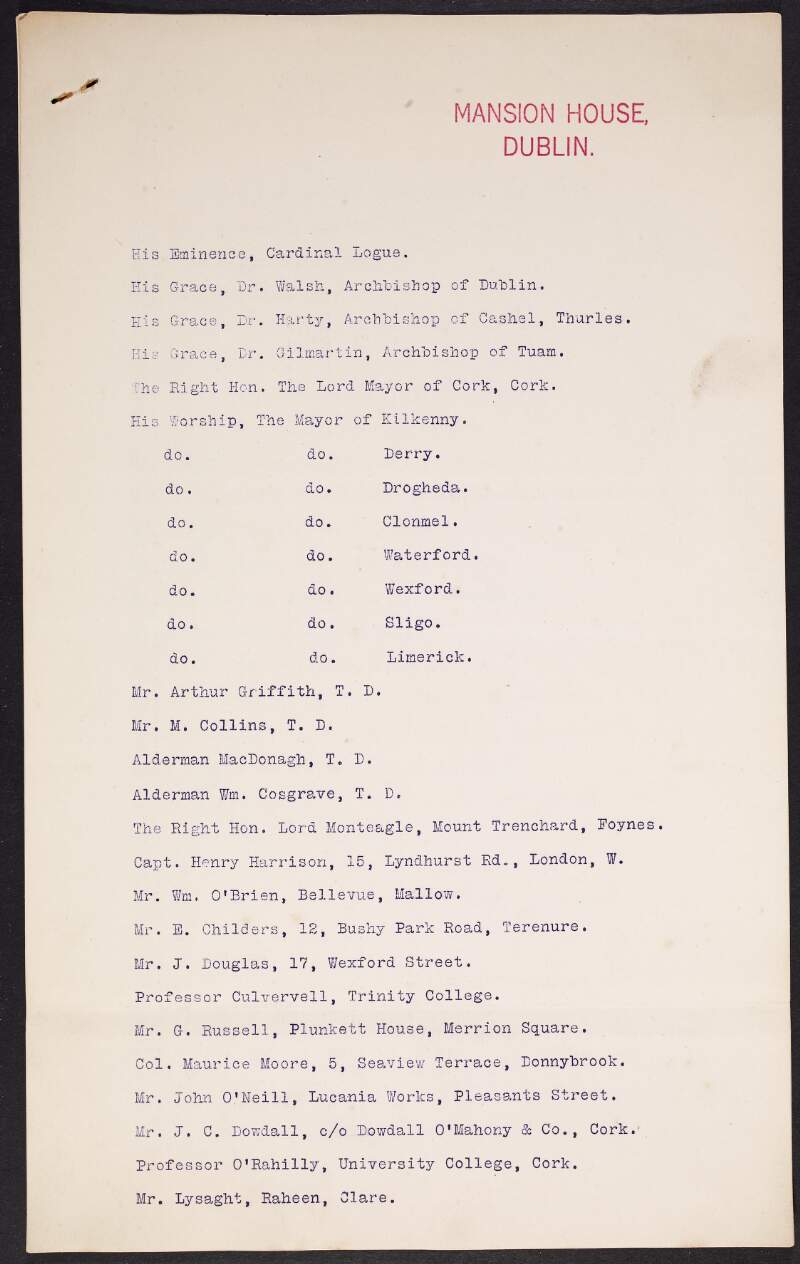 List of attendees at an unidentified event at the Mansion House, Dublin,