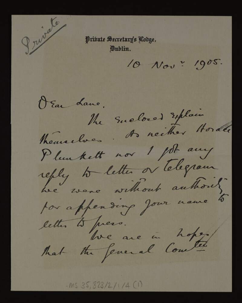 Letter from Walter Callan to Hugh Lane regarding the enclosed newspaper cutting calling for funds to hold an exhibition of Watts' paintings in Dublin, to which Callan felt he had no authority to add Lane's name without hearing from him first,