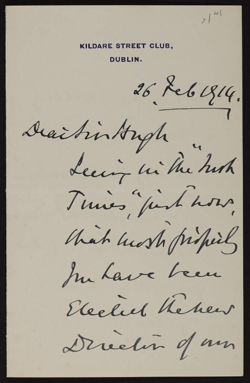 Letter from James F. D'Arcy to Hugh Lane congratulating him on his appointment as Director of the National Gallery of Ireland,
