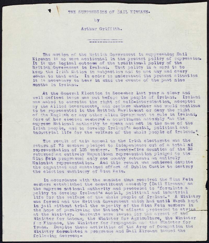 Typescript statement by Arthur Griffith concerning the supression of Dáil Éireann, Sep. 1919,
