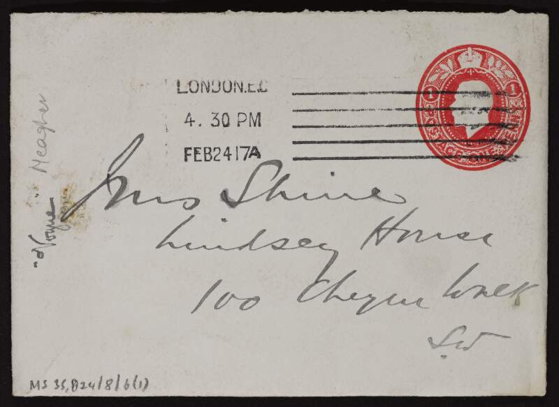 Letter from John Meagher to Ruth Shine, thanking her for the illustrations of the house which makes him sad that it has to be broken up, and that "Lord Collins" had sent him two American pictures of Hugh Lane which he is passing onto her,