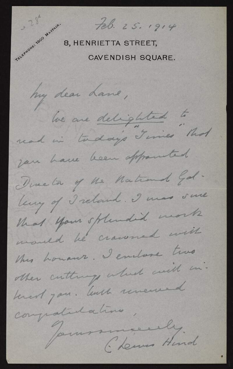 Letter from C. Lewis Hind to Hugh Lane congratulating him on his appointment as Director of the National Gallery of Ireland,