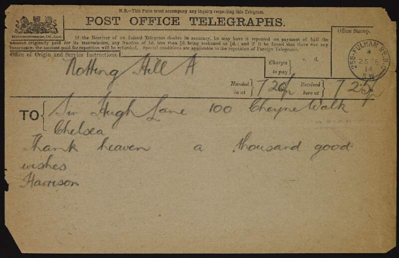 Telegram from [Henry Harrison?] to Hugh Lane congratulating him on his appointment as Director of the National Gallery of Ireland reading "Thank Heaven a thousand good wishes",