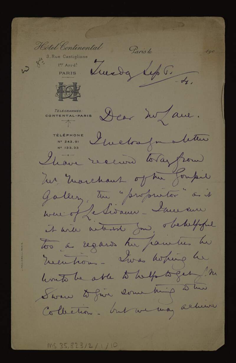 Letter from Vera Campbell to Hugh Lane regarding William Stephen Marchant of the Goupil Gallery on Regent Street who owns a picture by Henri le Sidaner,
