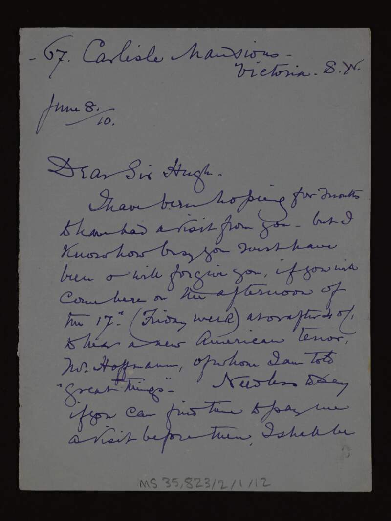 Letter from Vera Campbell to Hugh Lane inviting him to come listen to "a new American tenor, Mr. Hoffmann", on 17 June,