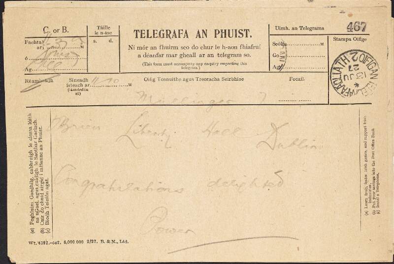 Telegraph from "Power" to William O'Brien sent from Mullingar, stating "Congratulations delighted",
