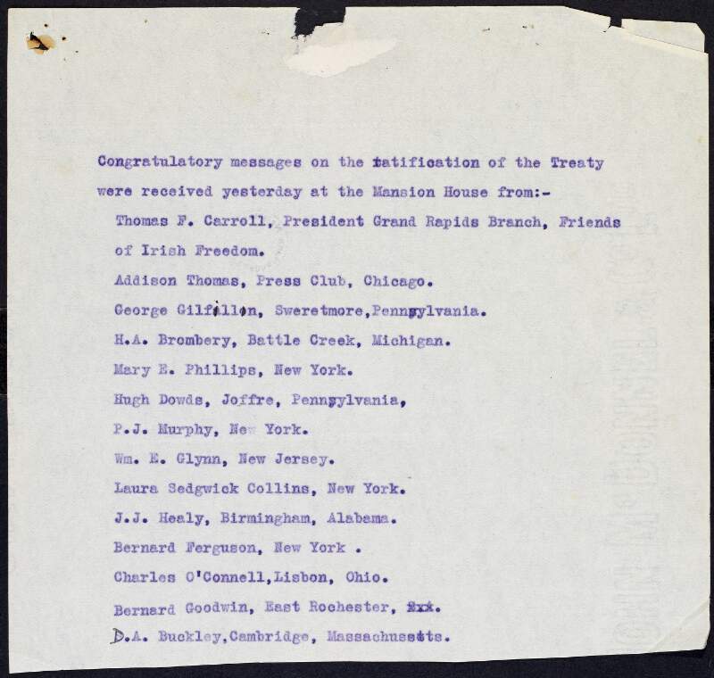 List of names from whom Arthur Griffith received congratulatory messages on the ratification of the Anglo-Irish Treaty,