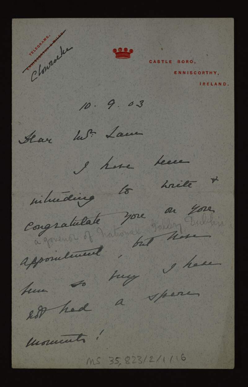 Letter from Julia Carew to Hugh Lane congratulating him on his appointment as one of the governors of the National Gallery of Ireland and hoping to see him at Lord and Lady Droghedas on the 21st,