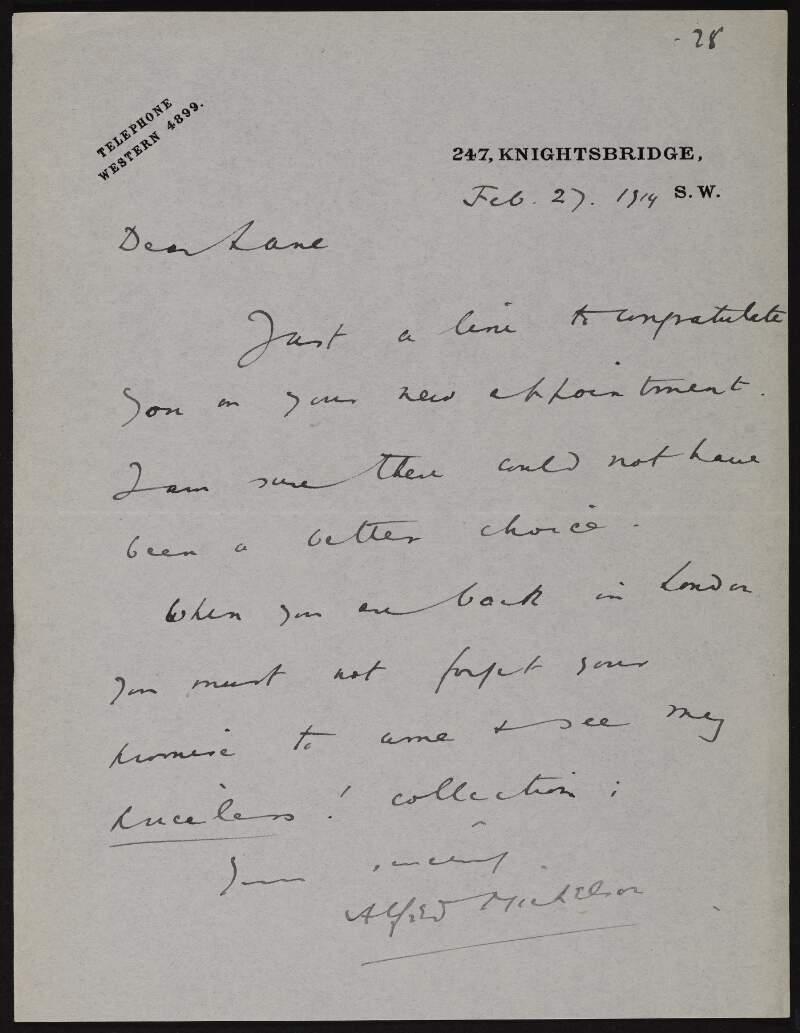 Letter from Alfred Michelson to Hugh Lane congratulating him on his appointment as Director of the National Gallery of Ireland,