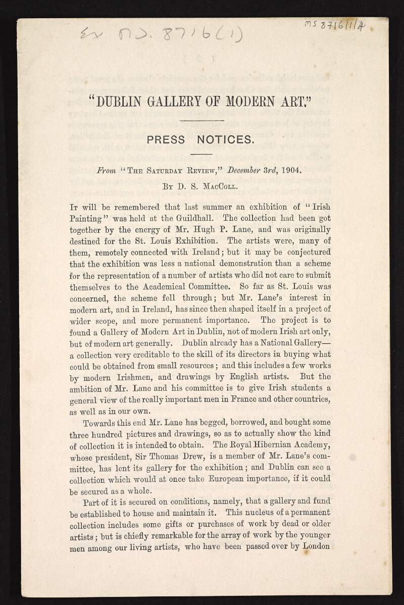 Press notices for Dublin Gallery of Modern Art from various publications such as 'The Saturday Review', 'The Irish Times' and 'The Freeman's Journal' amongst others expressing their support for Hugh Lane's proposal to open a gallery of modern art in Dublin,
