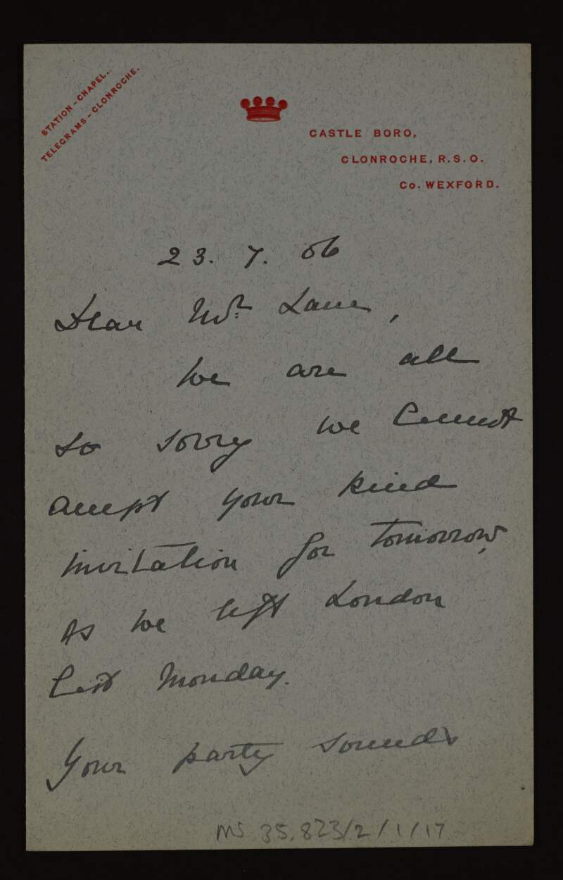 Letter from Julia Carew to Hugh Lane regretting not to be able to attend the party he is giving in London,