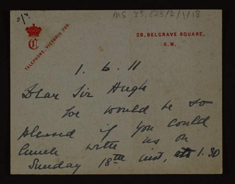 Card from Julia Carew to Hugh Lane inviting him to lunch to meet Mr and Mrs Paderewski,
