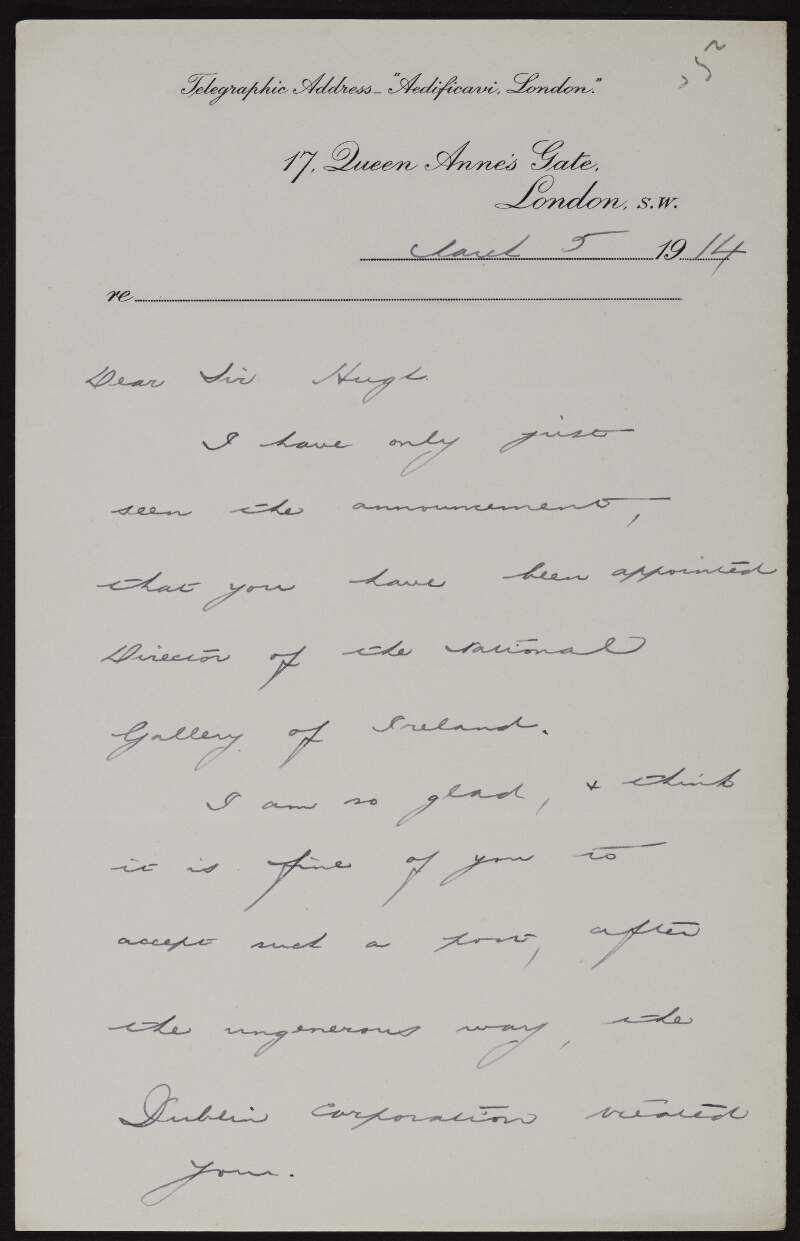 Letter from E.E. Hall to Hugh Lane congratulating him on his appointment as Director of the National Gallery of Ireland and informing him that Edwin Lutyens is due to leave Bombay on the 21st,